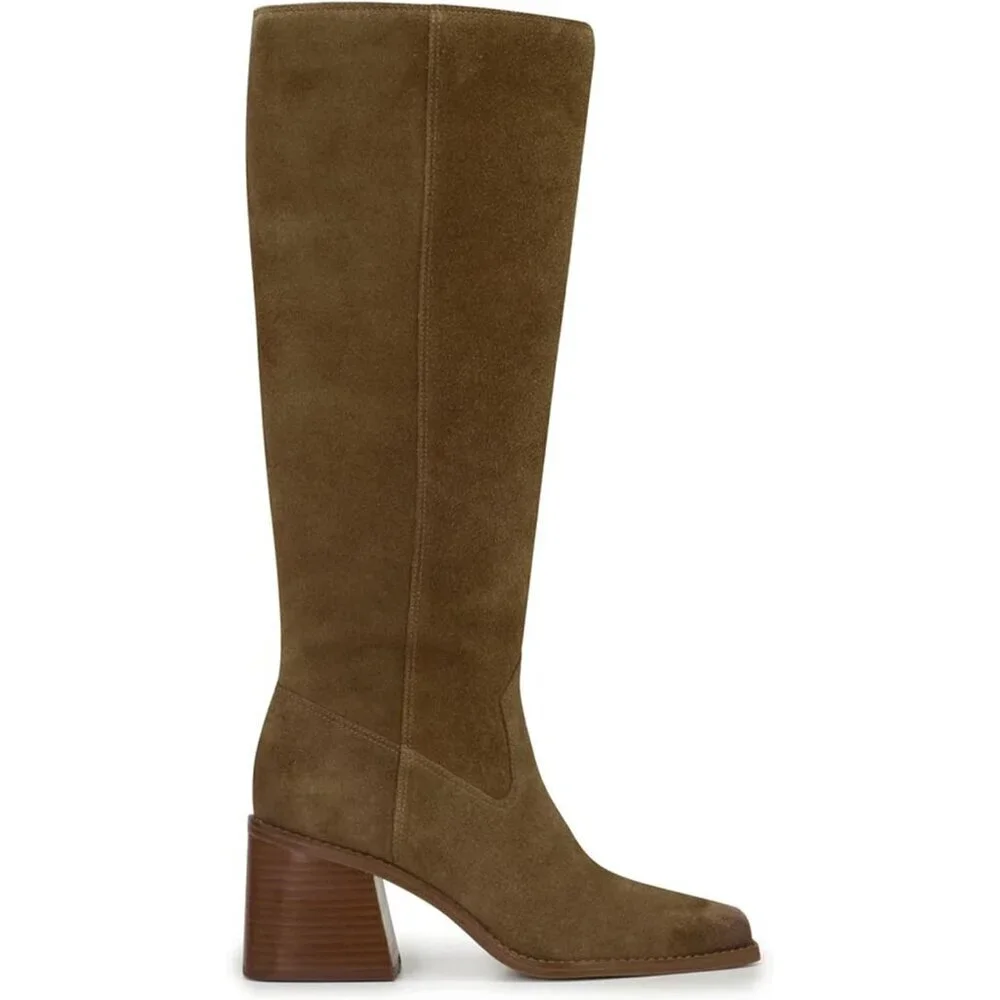 Women Dusty Green Polyurethane Knee High Square Toe Side Zipper Block Heel Boot